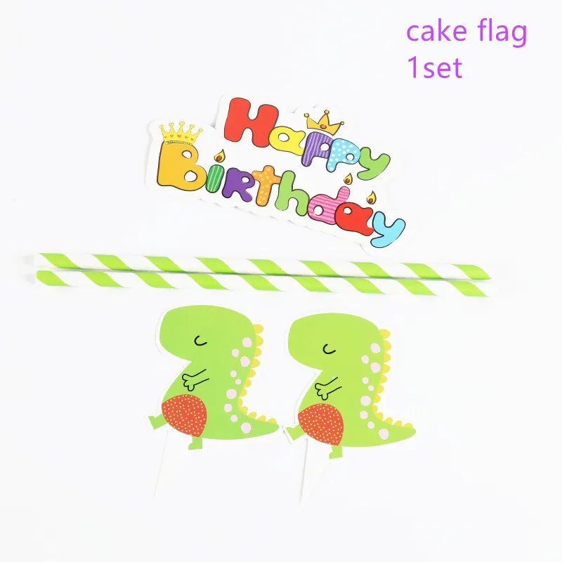 1set D cake flags Вечерние столовые приборы с рисунком динозавра для дня рождения, украшения для детей и взрослых, бумажные тарелки, чашки, скатерть, воздушные шары, соломенные вечерние принадлежности - Цвет: 1set D cake flags