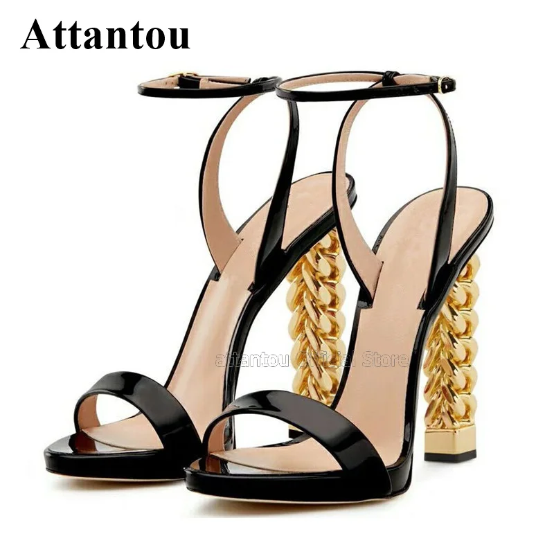

Strange Heeled Knitted Metal High Heel Sandalias Mujer One-strap Patent Leather Summer Open Toe Sandals Women Party Dress Shoes