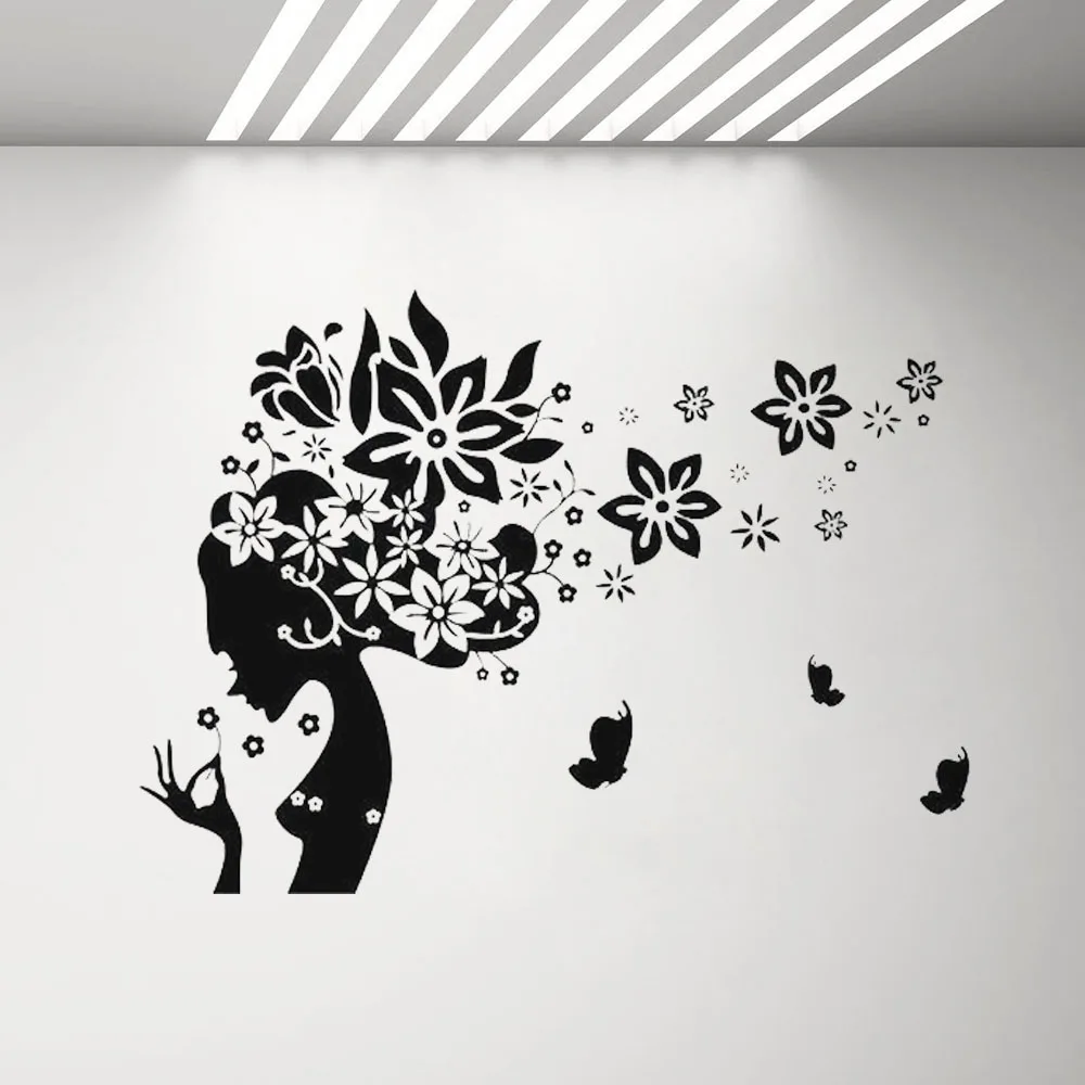

Woman silhouette Hair Salon Wall Decal with Flowers and Butterflies Vinyl Wall Stickers Bedroom Living Room Hairdresser G375
