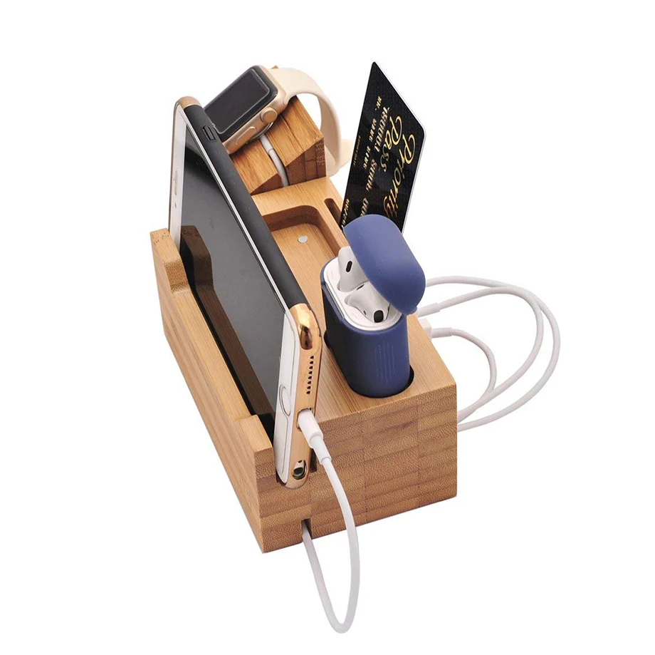 ARVIN 3 in 1 Bamboo Wood Charging Dock Multi-USB Charger Station Stand Holder for iPhone X 8 Apple Watch Airpod Samsung Bracket