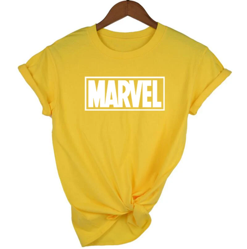 yellow Летняя футболка с надписью MARVEL, Женская Повседневная футболка с коротким рукавом, женские топы размера плюс, Забавные футболки - Цвет: yellow