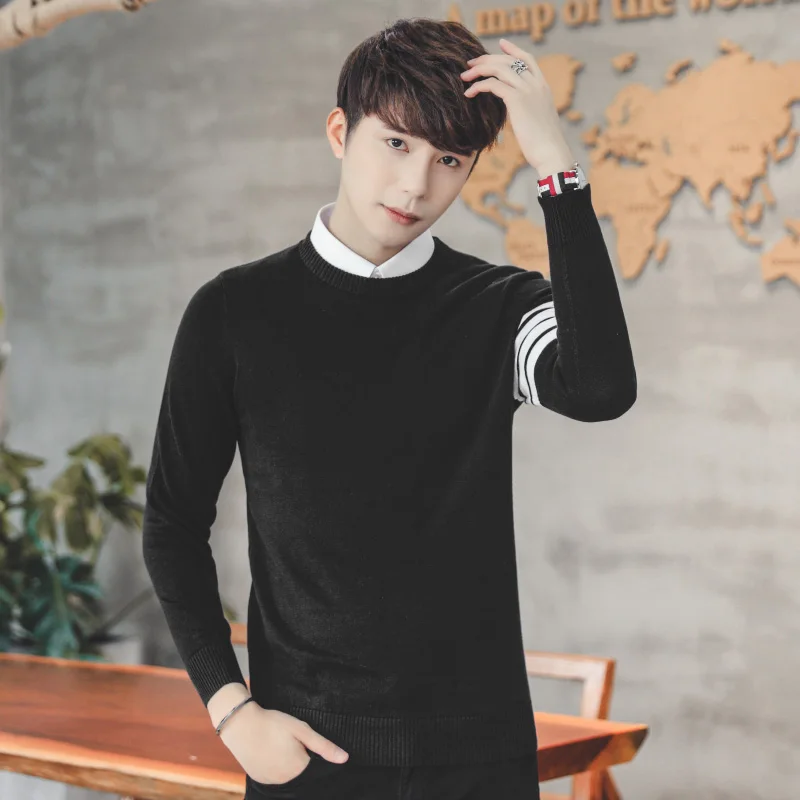 Мужской трикотажный пуловер из натурального хлопка с круглым вырезом и длинным