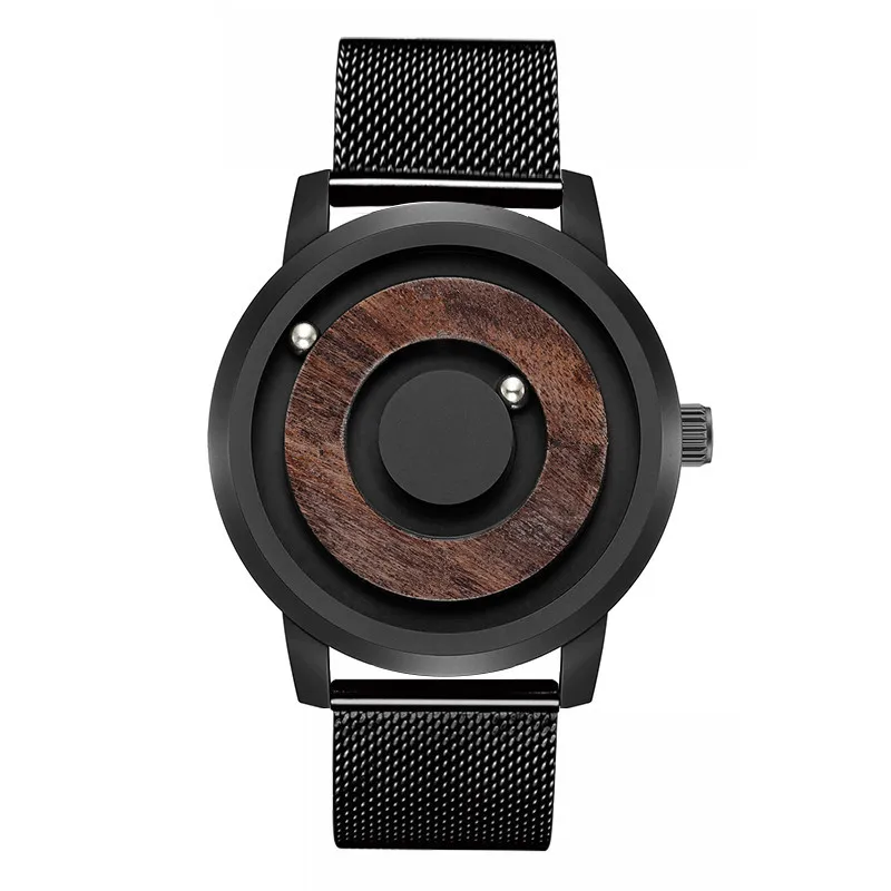 Black Steel EUTOUR, парные часы с магнитным приводом, с шариковым шоу, деревянные наручные часы для женщин, кварцевые мужские часы S, модные, с кожаным холщовым ремешком - Цвет: Black Steel