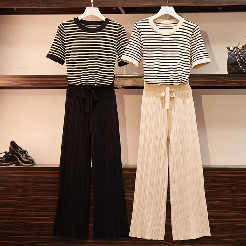 ALPHALMODA Женская Полосатая трикотажная футболка топ + Широкие трикотажные брюки