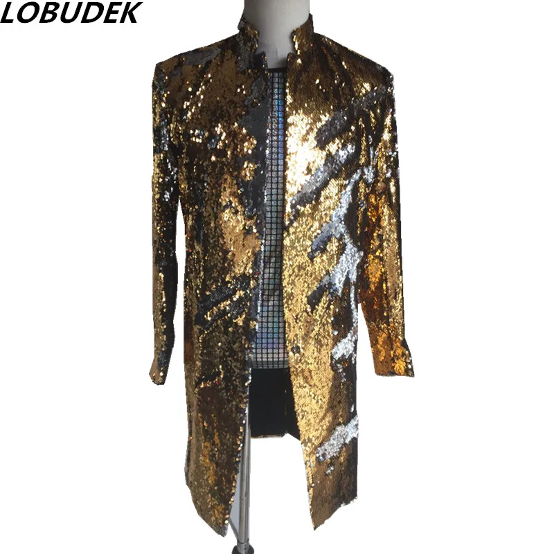 Мужская длинная куртка золотого и зеленого цвета с блестками модные тонкие