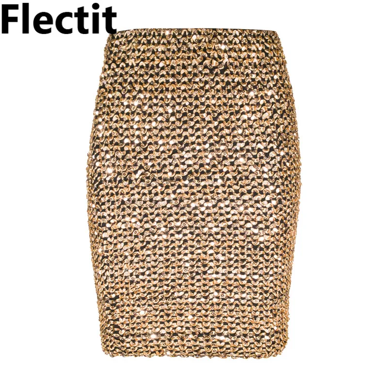 Flectit Womens Skirts Gold Sequined Mini Skirt Bodycon Pencil Skirt Short Wrap Skirt for Office Lady Party Girl Saia