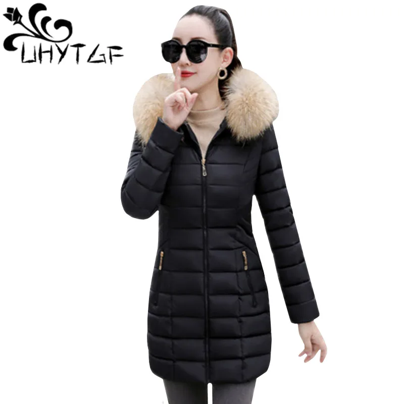 

UHYTGF Plus size Winter Jackets And Coats Parkas For Women 6 Colors Wadded Jackets Warm Outwear Hooded Large Faux Fur Collar 140