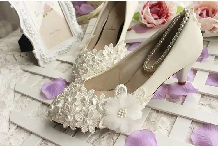 Свадебные туфли Цвет слоновой кости Женские для невесты с жемчугом на лодыжке