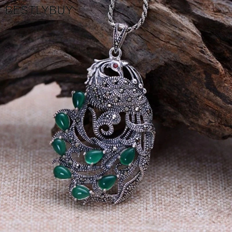 

BESTLYBUY Thai silver 925 sterling silver jewelry inlaid Mosaic peacock chalcedony female models pendant free shipping