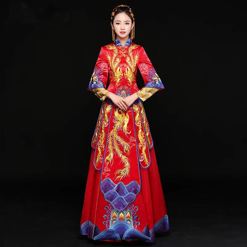 

Bride Fall Clothes Vintage Chinese Style Wedding Dress Retro Toast Clothing Embroidery Phoenix Gown Marriage Cheongsam Qipao Red