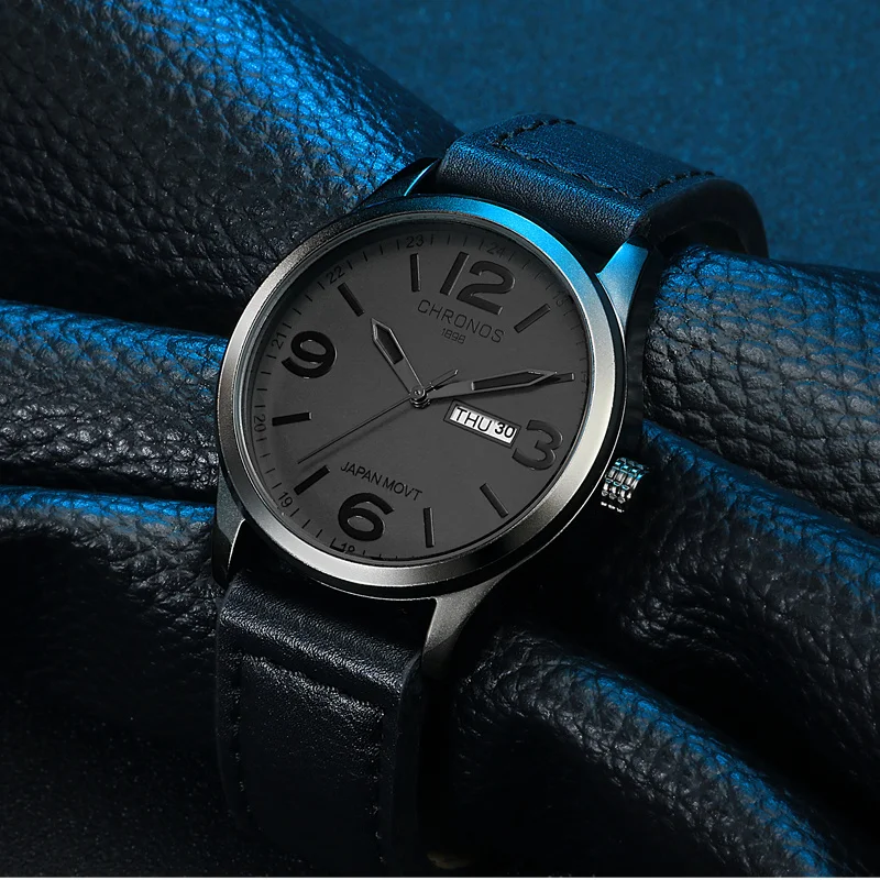Часы CHRONOS мужские с кожаным ремешком брендовые Роскошные в японском стиле