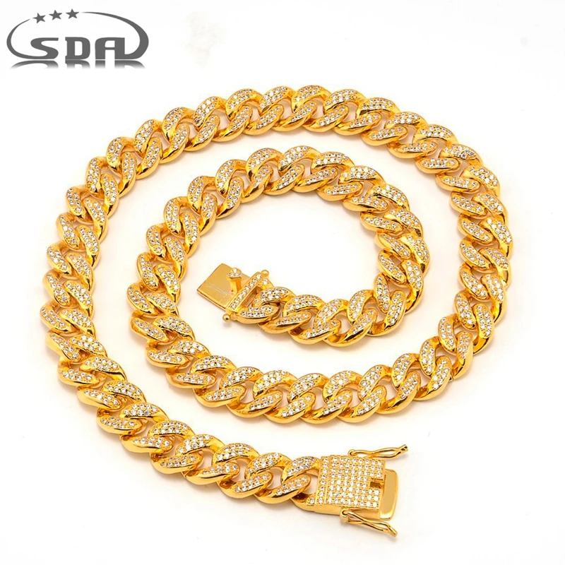 

SDA Hiphop Men Necklace Chain Iced Out Miami Curb Cuban Gold-color AAA CZ Stone Inlaid 12mm 18mm Wide 24inch Top Quality B1758