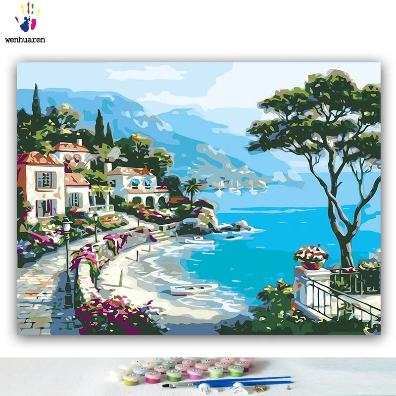 DIY colorings pictures by numbers with colors Floating city Seaside town picture drawing painting framed Home | Дом и сад