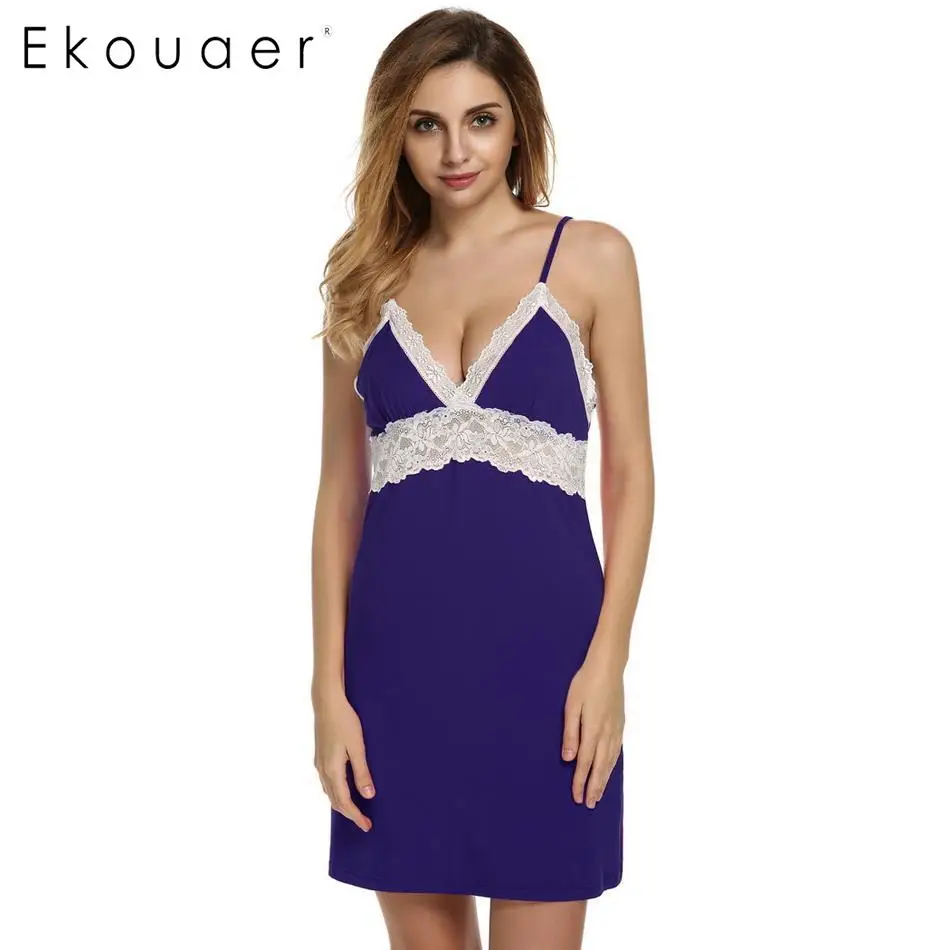 Purple Ekouaer, женское сексуальное нижнее белье, платье, пижама с бретельками, кружевная отделка, без рукавов, v-образный вырез, ночная рубашка, однотонная домашняя одежда - Цвет: Purple