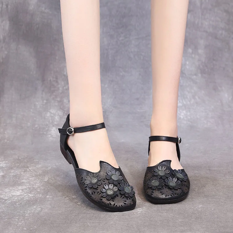

GKTINOO Summer Women Sandals 2019 Retro Genuine Leather Flowers Casual Flat Sandals Ladies Soft Bottom Flats Sandals