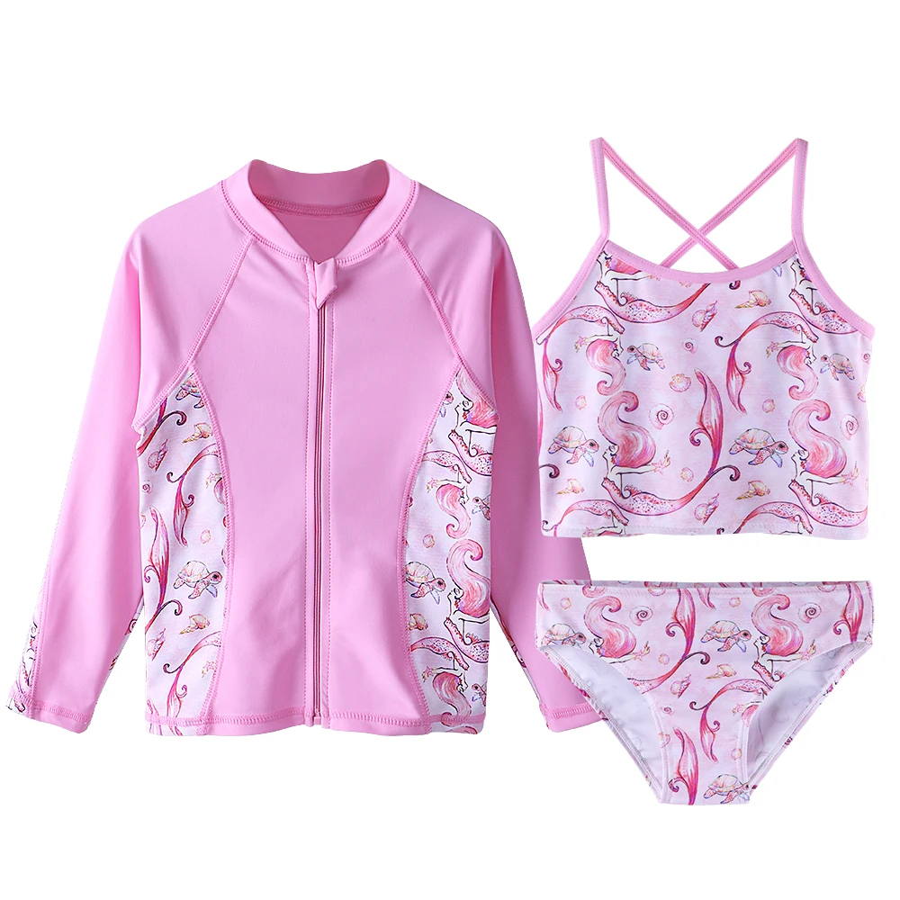 

BAOHULU Cute Girls Swimwear Three-Pieces Set Long Sleeve Swimsuit Kids Pink Color Rash Guard UPF UV 50+ Sun Protection Beachwear