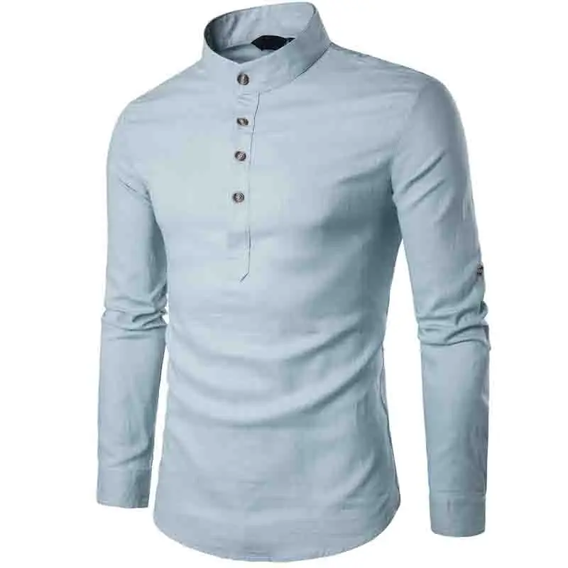 

HOT 2020 New Men leisure pure color collar hemp camisa masculina material long-sleeved shirt Men 's Linen dress wedding shirt