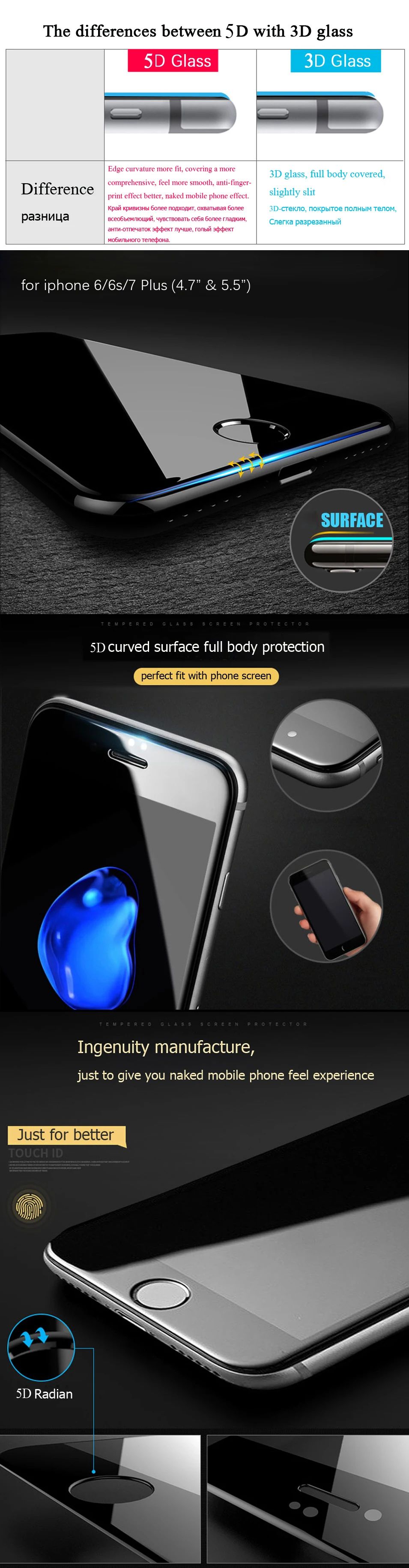 LECAYEE 5D стекло для iPhone 7 8 6s Plus закаленное стекло для iPhone X 8 7 6s Plus 5D изогнутый край Полное покрытие экрана Защитная пленка
