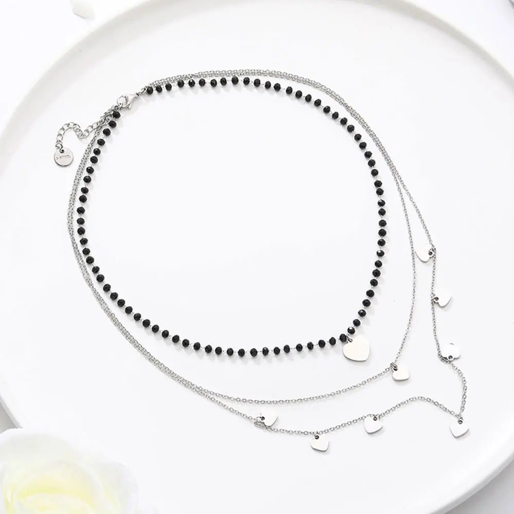 Женское многослойное ожерелье с черным кристаллом в форме сердца, цепочка, колье, ожерелье, бижутерия из нержавеющей стали, колье, ювелирное изделие, тренд