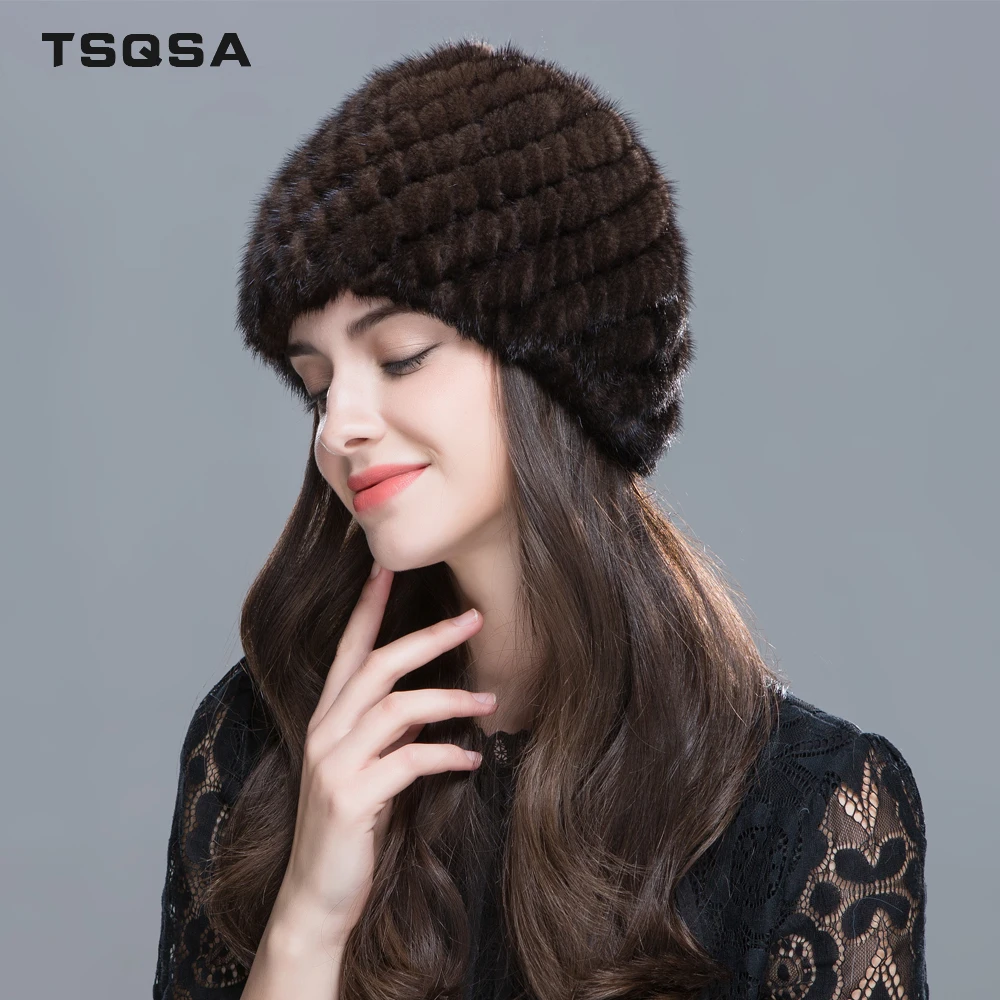 TSQSA Women Real Mink Fur Hat Natural Female Hats Winter Thick Warm Fashion Cap Ladies Pineapple TAH1607 | Аксессуары для одежды