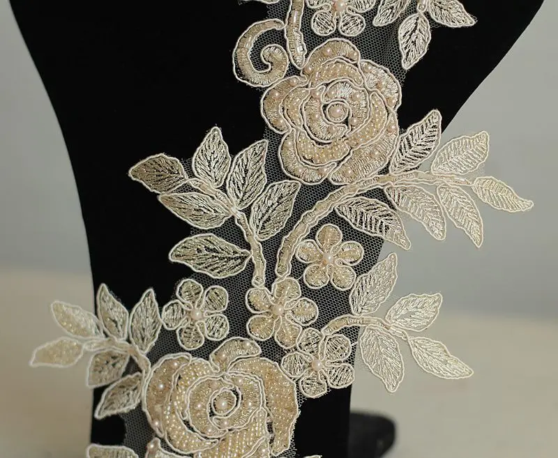 

champagne/golden high quallity handmade Alencon Lace Appliques Floral Embroidered Patches Wedding Supplies Bridal Hair Flower
