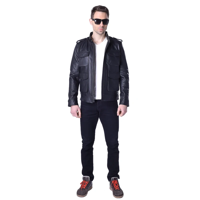 Мужская кожаная куртка из 100% натуральной воловьей кожи черная бомбер мужская