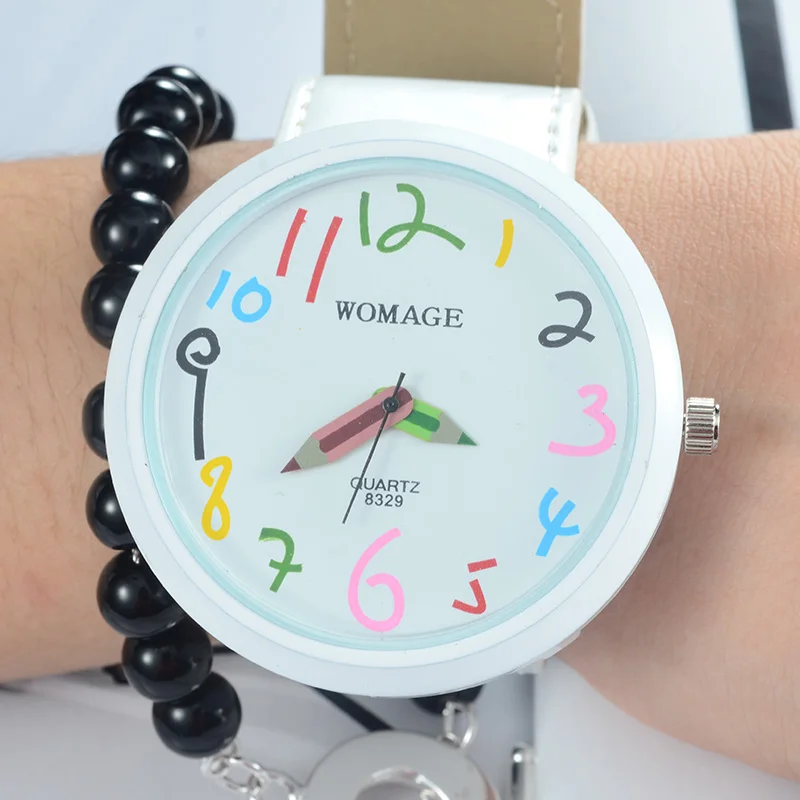 

WOMAGE Brand Kids Watch New Fashion Watch Colorful Pencil Pattern Children Wristwatch Kids White Watches Girls saat relojes