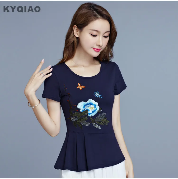 Женская Этническая футболка KYQIAO оригинальная Приталенная с вышивкой в