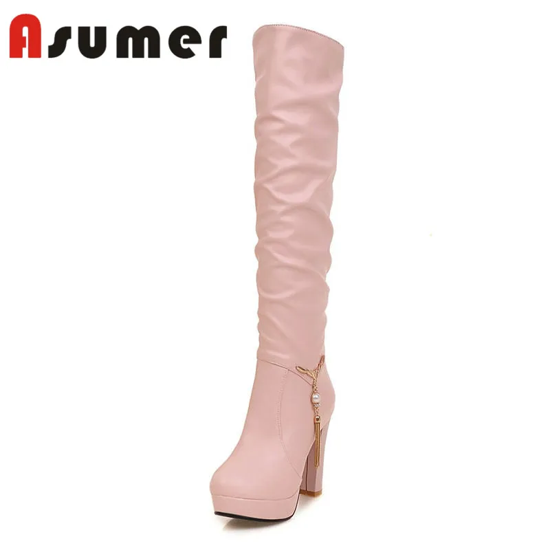 Женские Классические сапоги до колена ASUMER однотонные простые на платформе без