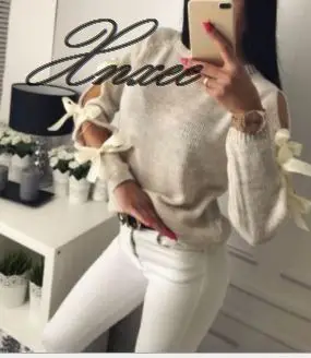 

2020 autumn and winter new women's round neck hollow tie bow pullover sweater