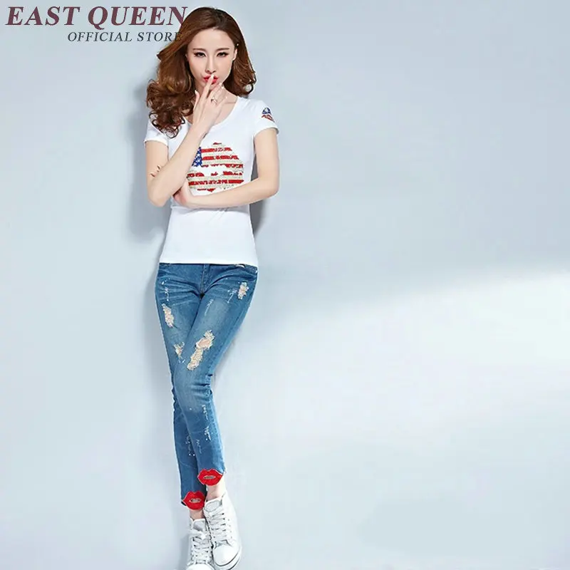 Футболка с блестками губы Женская летняя футболка изображением красных губ для