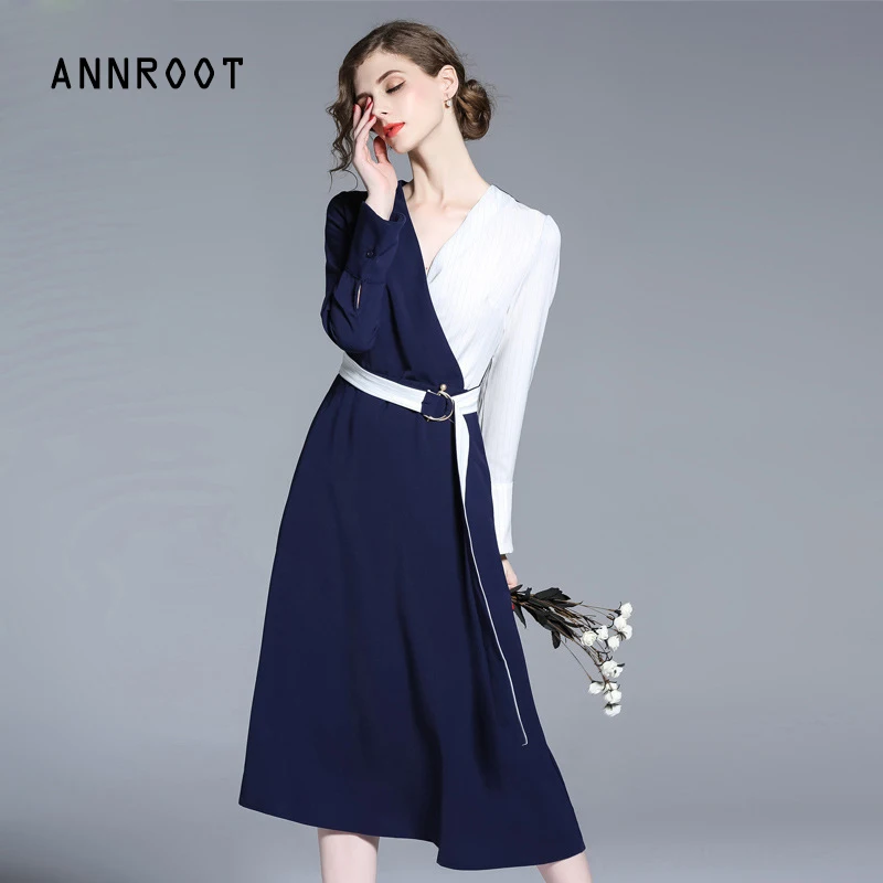 ANNROOT весна осень темно белые линии платья европейский бренд Для женщин платье Sexy v