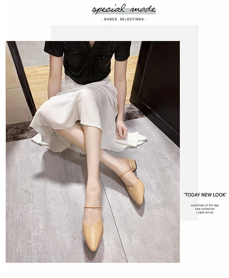 Party Women Mules Slipper Pointed Toe Block Strap Closed Shallow High Heels Shoes Sandals Black Beige Square heel Pumps