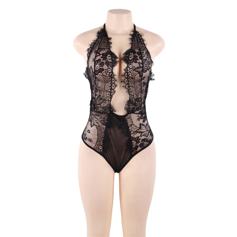 Comeondear Body Suit Lace Deep V Neck Teddies Women Black Floral Transparent Backless Sleeveless Sexy Bodysuit Lingerie RA80676 - Цвет: black teddy