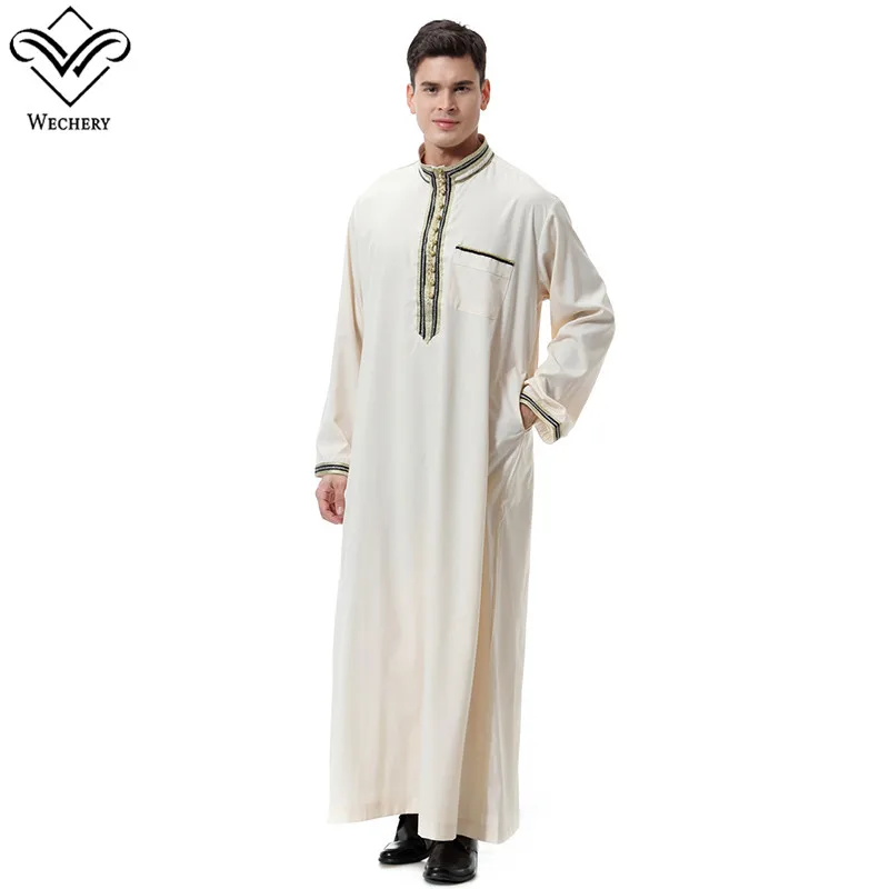 beige Wechery Арабская одежда для мужчин длинная juba thebe Абая для мусульман, Дубай Кафтан размера плюс халат для мужчин - Цвет: beige
