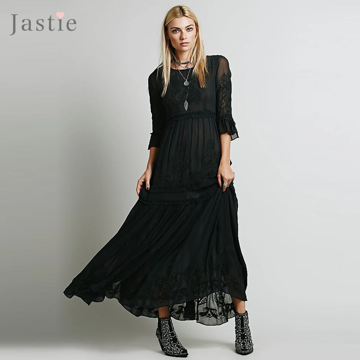 Black Jastie элегантное женское платье в стиле бохо с расклешенными рукавами и круглым вырезом, богемное Макси платье с вышивкой и рюшами, женское пляжное платье - Цвет: Black