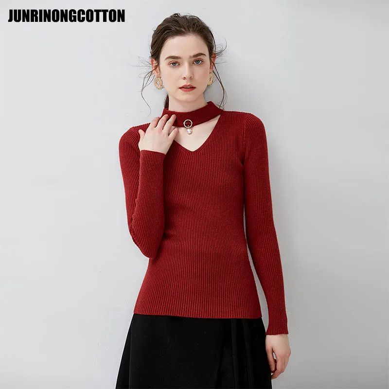 autumn winter long sleeve women's sweater elegant slim V neck knitting Pullovers 2018 female Solid color Elasticity jumper | Женская
