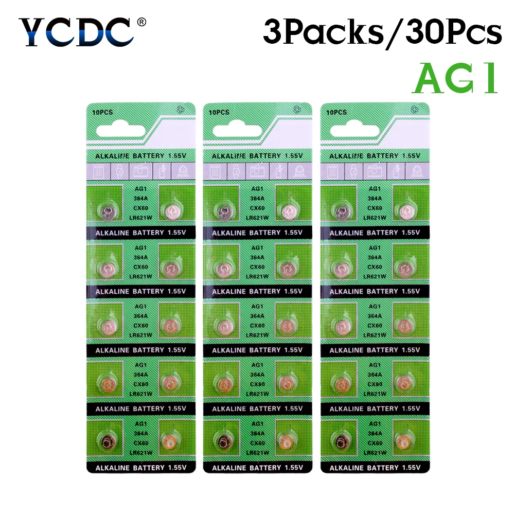 YCDC 30 шт. AG1 364 SR621 SR60 SR60L Щелочная монетная ячейка Sr621sw TR621SW V364 кнопочные батареи для