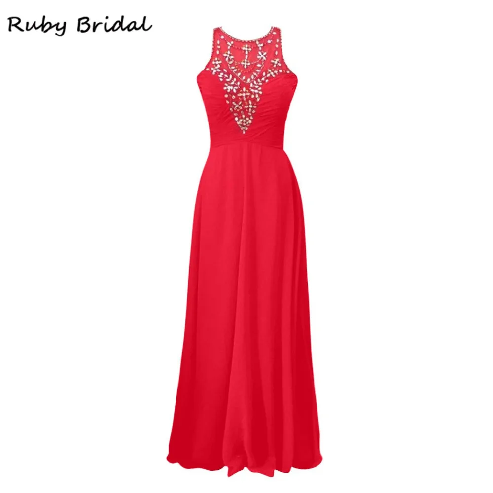 Ruby Bridal 2017 длинное вечернее платье А силуэта красные шифоновые складки Украшенные