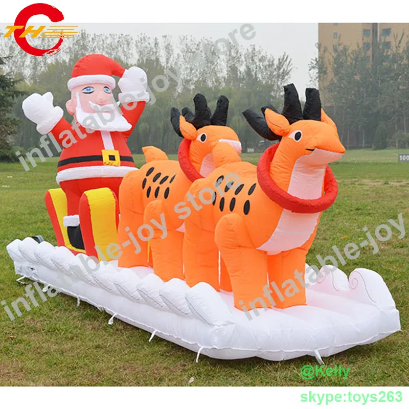 free door shipping custom make inflatable Christmas Santa Claus on sledge reindeer elk |
