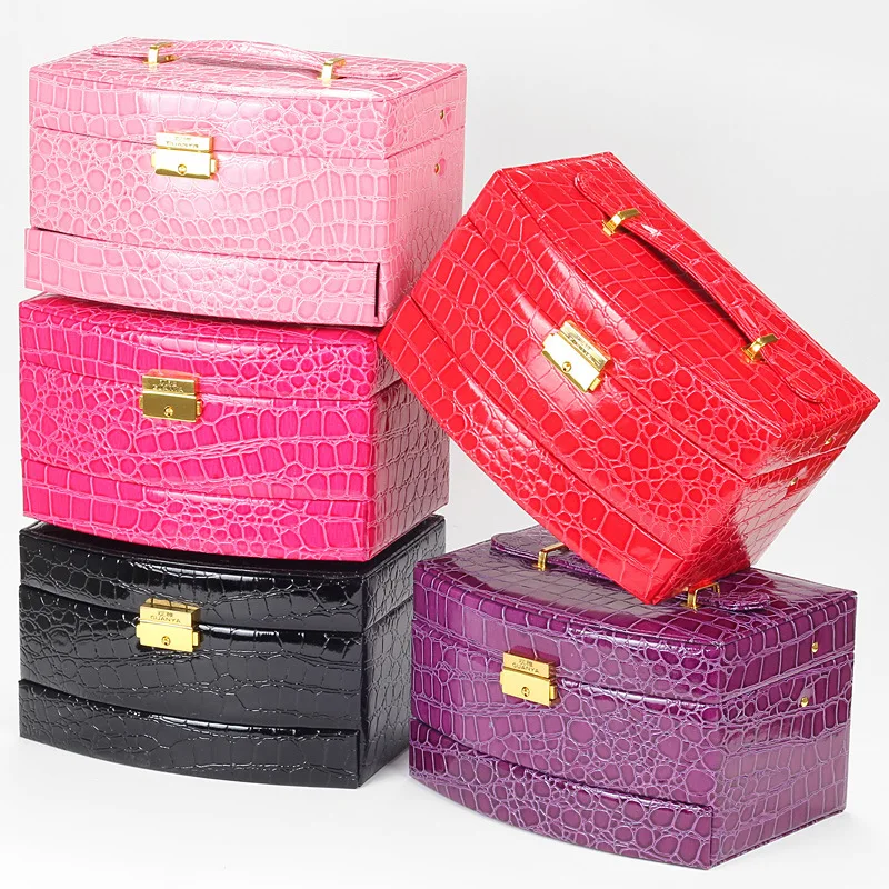 

New Fashion Leather Jewelry Box Gift Box for Jewelry Packaging Display Large Alligator Makeup Case 3 Layers Jewelry Organizer
