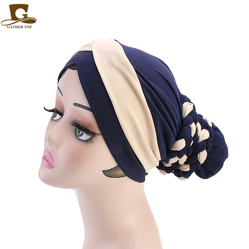 navy and beige Шарф для женщин-мусульманок шапки модные бисерные косы хиджабы тюрбан шапки голова Кепка шапка бини женские аксессуары для волос для женщин индийская шляпа - Цвет: navy and beige