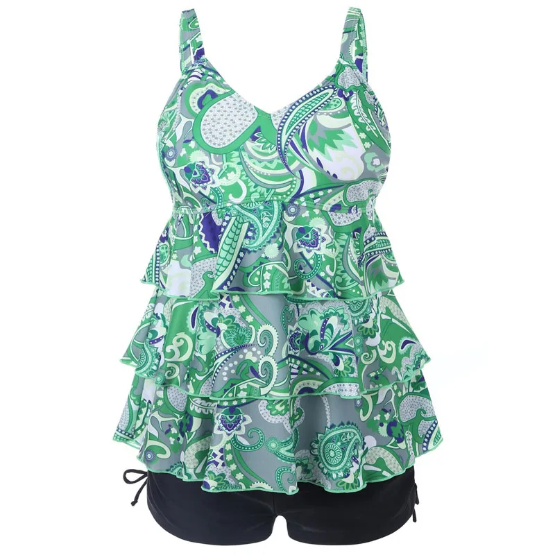 

IASKY 2018 New Print Multilayer Ruffles Tankini Swimwear Plus size Two Pieces Swimsuit Retro Bathing Suit Beach wear S--5XL