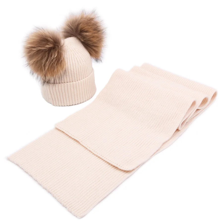 Children's Winter pom Hat and Ccarf Sets Girls Boys Real Fur Wool Beanie Hats Kids Warm Neckerchief Caps 6M-5T | Детская одежда и