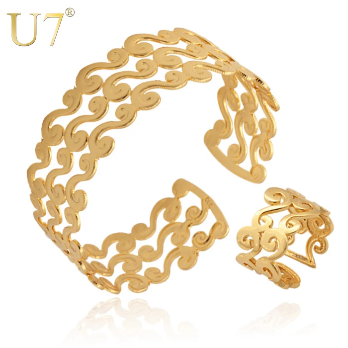 

U7 Jewelry Sets For Women/Men Gift Gold Color Vintage S Letter Open Cuff Bracelet Ring Set Party Wholesale S404