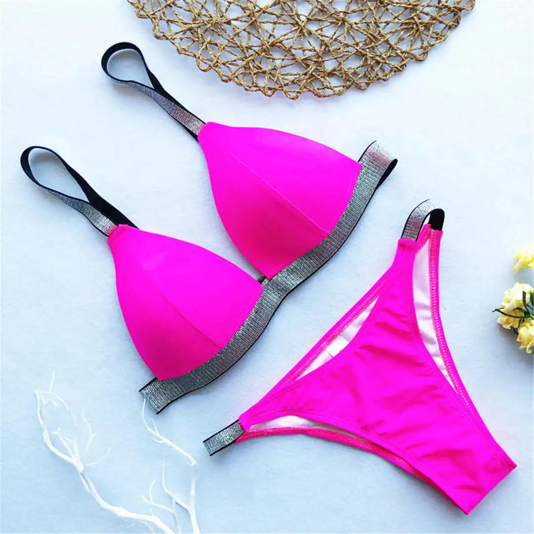 Hot Pink Блестящее Бразильское бикини с перекрестной спинкой, пуш-ап купальник, женский купальник, Женский комплект бикини из двух предметов, купальный костюм V1301 - Цвет: Hot Pink