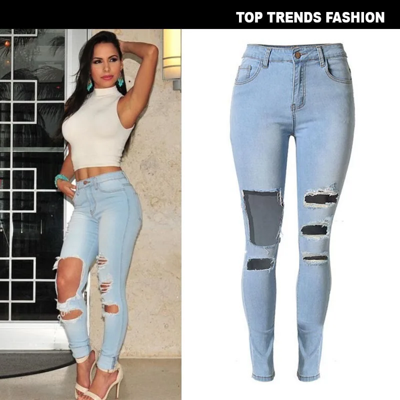 Женские джинсы с дырками и высокой талией Синие рваные feminino roupa feminina 2787 | Женская