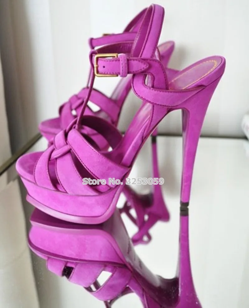 fuchsia suede 14cm ALMUDENA Босоножки на платформе из лакированной кожи ярких цветов; босоножки на тонком высоком каблуке с ремешком и пряжкой; выразительная элегантная обувь для вечеринок; Прямая поставка - Цвет: fuchsia suede 14cm