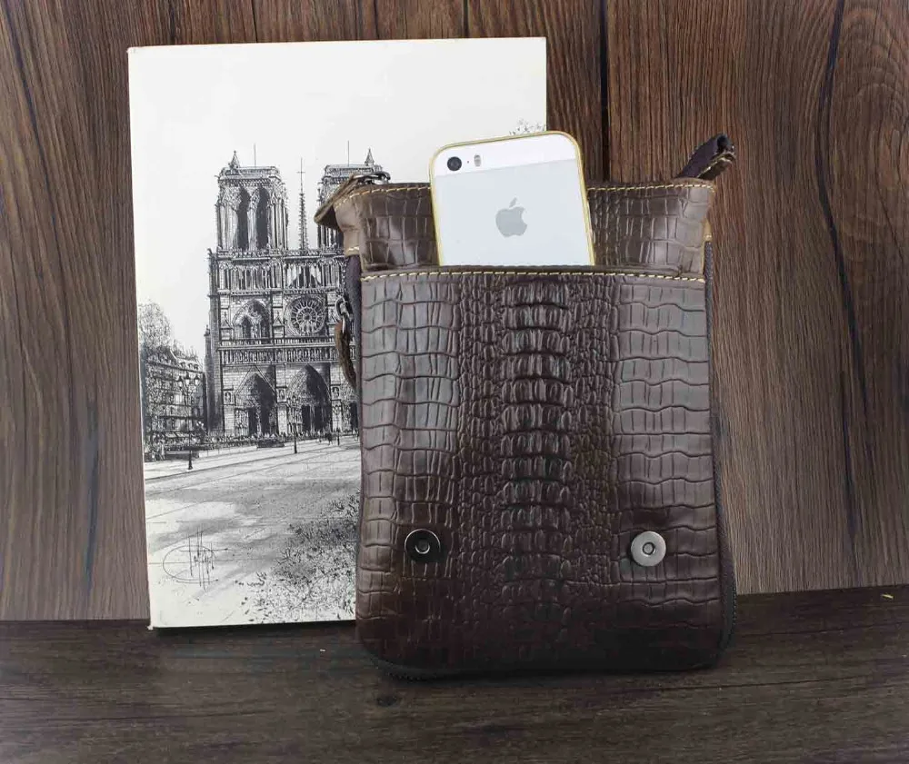 Мужская маленькая сумка-мессенджер из натуральной кожи с крокодиловой головой |