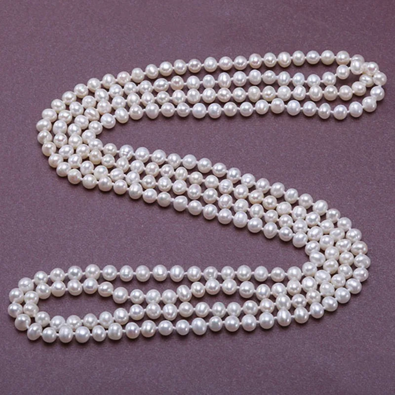 JYX Pearl Long Necklace women Classical 6.5mm Natural natural White Round Freshwater Pearl Necklace Costume Jewelry 63"